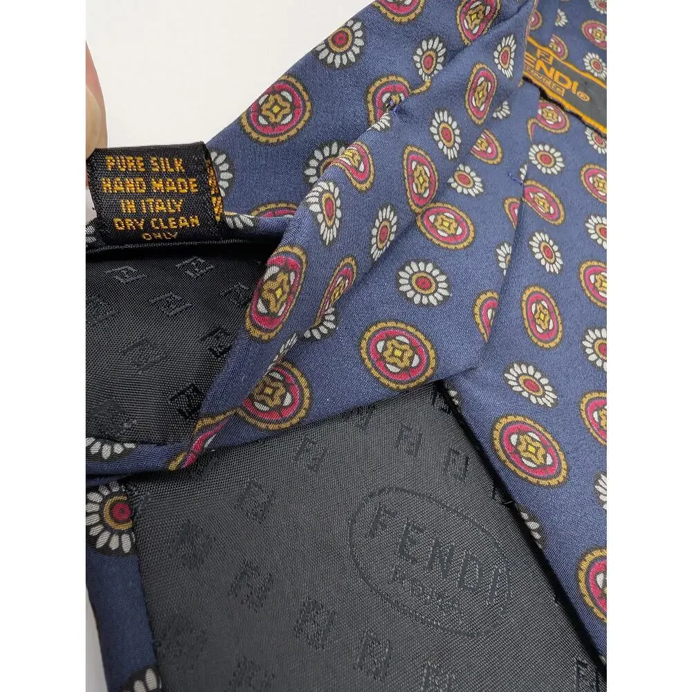 Fendi Cravette 100% Silk Novelty Italian Neck Tie Blue Multi Classic Formal Work